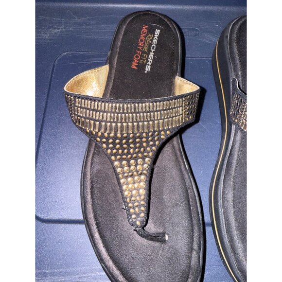 Skechers Black Gold Rhinestone-Studded Memory Foam Relaxed Fit Sandals Womens Si - Picture 2 of 4